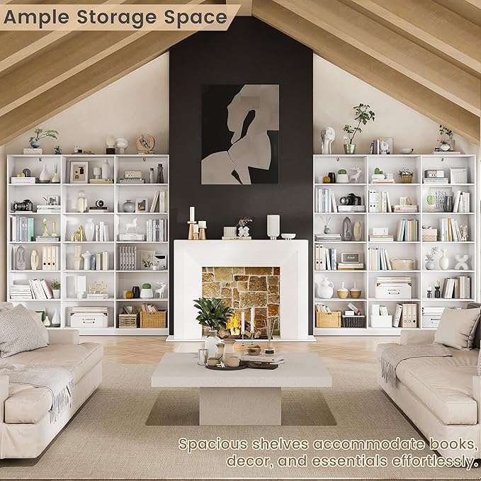 White Bookcase with 18 Display Shelves, Triple Column Book Case, 2PC 6 Tier Large Bookshelf, Freestanding Storage Shelf for Bedroom Living Room Home Office