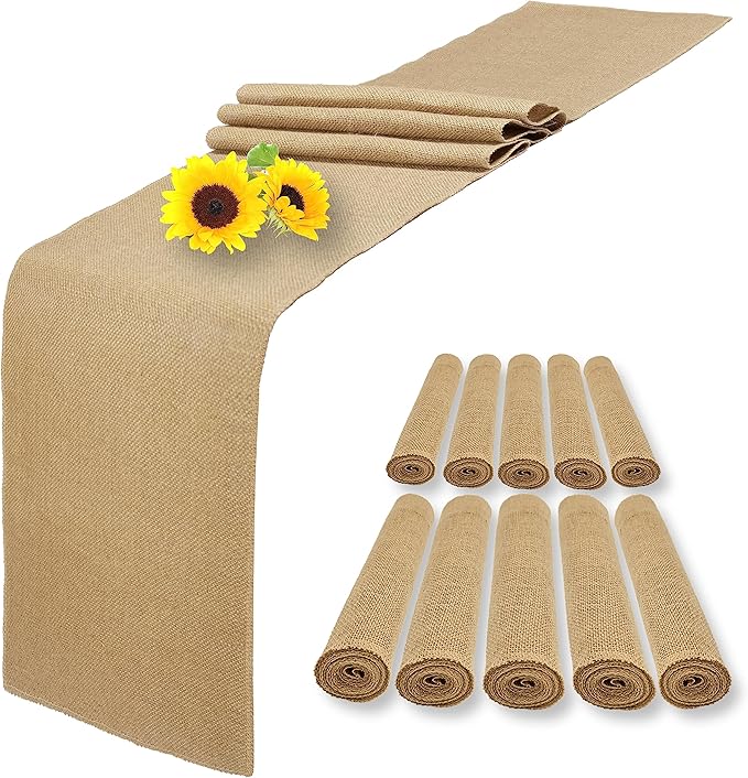 10 Pack Natural Burlap Table Runners,12 x 108 Inch Rustic Jute Table Runner and Placemats Bulk for Western Wedding Table Decorations,Farmhouse Style Party,Thanksgiving,Kitchen Coffee Table Decor Cover
