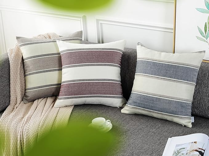 AmHoo Pack of 2 Farmhouse Linen Throw Pillow Cover Cushion Stripe Decoration Buffalo Retro Pillowcase with Hidden Zipper for Sofa Bedroom Car 26 x 26 Inch Blue