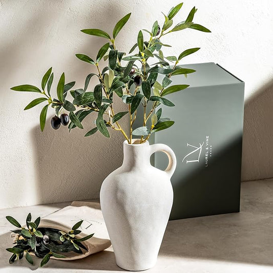 Luxurious Gift Set Textured Ceramic Vase 10 Inch with Olive Branches 22 Inch Tall White Medium Vase Artificial Topiaries Fake Plants, Minimalist Shelf Decor, Neutral Home Office High End Gifting Decor