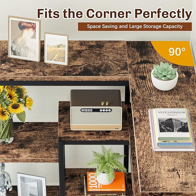 JAMFLY 5-Tier Corner Bookshelf, Industrial Corner Bookcase, Book Shelves with Metal Frame, Large Open Display Bookshelfs, L-Shaped Shelf for Living Room, Home Office, Rustic Brown