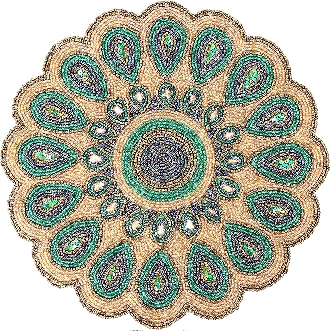 13" Round Beaded Table Mat - Elegant Glass Bead &amp; Polyester Charger Plate for Dining &amp; Coffee Tables, Non-Slip, Stain-Resistant, Perfect for Home &amp; Special Occasions (Green Gold Brown) - CLEENTABLE