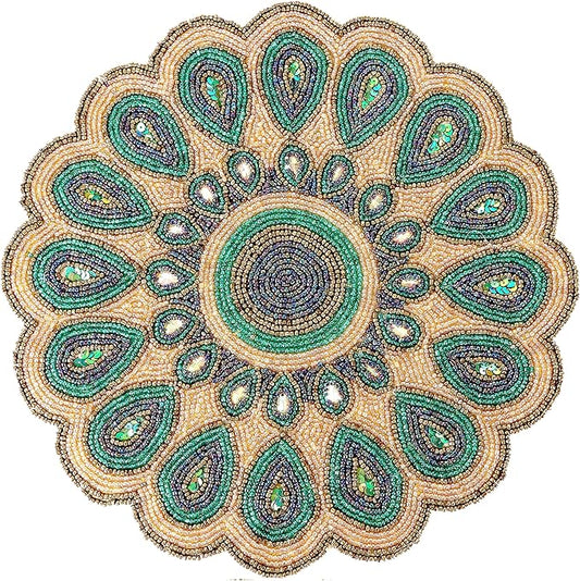 13" Round Beaded Table Mat - Elegant Glass Bead &amp; Polyester Charger Plate for Dining &amp; Coffee Tables, Non-Slip, Stain-Resistant, Perfect for Home &amp; Special Occasions (Green Gold Brown) - CLEENTABLE
