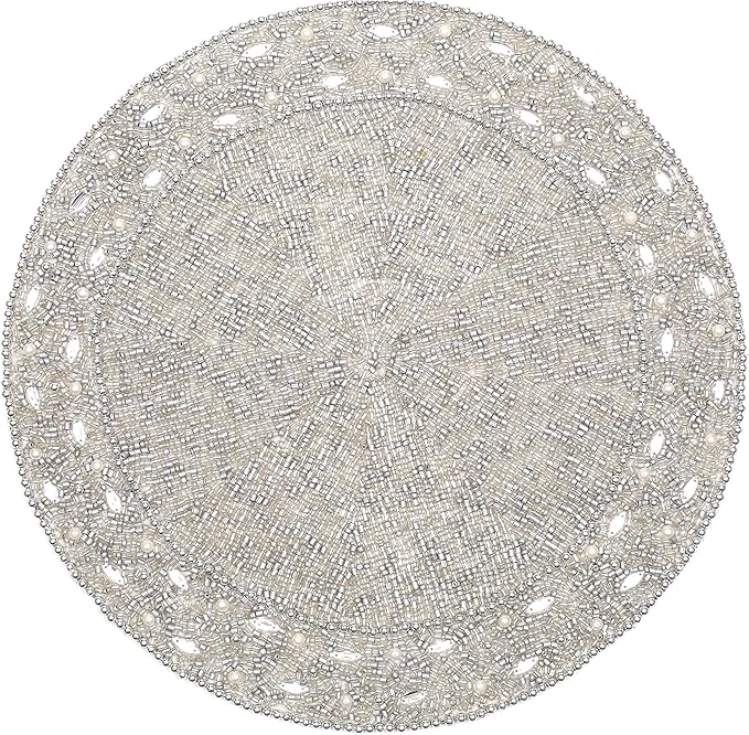 13" Round Beaded Placemats - Handcrafted Glass Beads in White Silver - Luxury Dining Table Decor, Wedding &amp; Housewarming Gift, Holiday Use Pack of 1 by ALPHA Living HOME