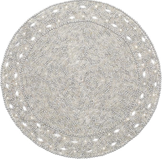 13" Round Beaded Placemats - Handcrafted Glass Beads in White Silver - Luxury Dining Table Decor, Wedding &amp; Housewarming Gift, Holiday Use Pack of 1 by ALPHA Living HOME