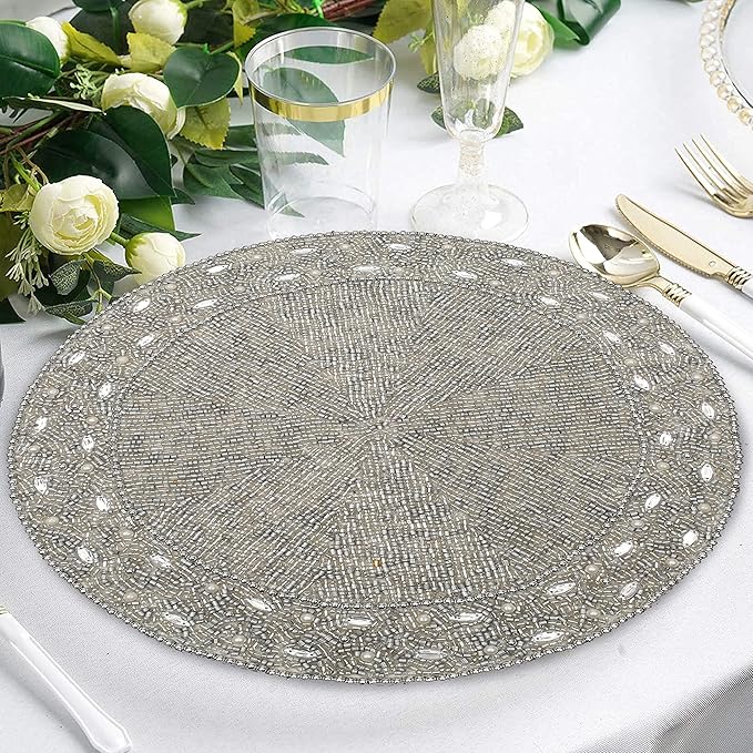 13" Round Beaded Placemats - Handcrafted Glass Beads in White Silver - Luxury Dining Table Decor, Wedding &amp; Housewarming Gift, Holiday Use Pack of 1 by ALPHA Living HOME