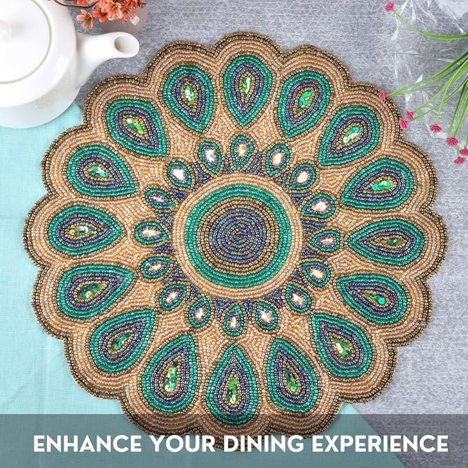13" Round Beaded Table Mat - Elegant Glass Bead &amp; Polyester Charger Plate for Dining &amp; Coffee Tables, Non-Slip, Stain-Resistant, Perfect for Home &amp; Special Occasions (Green Gold Brown) - CLEENTABLE