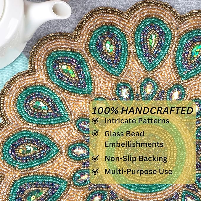 13" Round Beaded Table Mat - Elegant Glass Bead &amp; Polyester Charger Plate for Dining &amp; Coffee Tables, Non-Slip, Stain-Resistant, Perfect for Home &amp; Special Occasions (Green Gold Brown) - CLEENTABLE