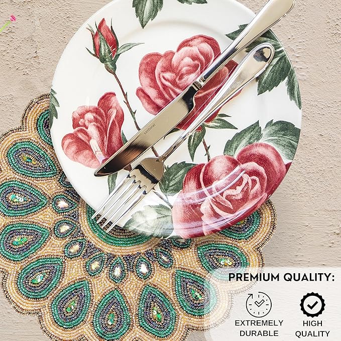 13" Round Beaded Table Mat - Elegant Glass Bead &amp; Polyester Charger Plate for Dining &amp; Coffee Tables, Non-Slip, Stain-Resistant, Perfect for Home &amp; Special Occasions (Green Gold Brown) - CLEENTABLE