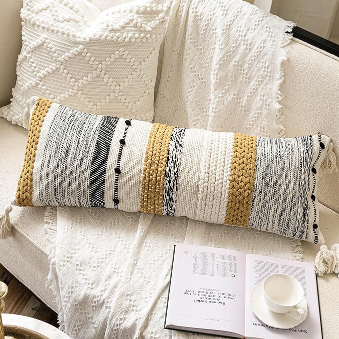 Fall Decorative Lumbar Throw Pillow Cover 14x36 Boho Long Cushion for Bed Yellow Mustard Accent Farmhouse Pillowcase for Bedroom Living Room Couch Sofa Home Décor Cover ONLY