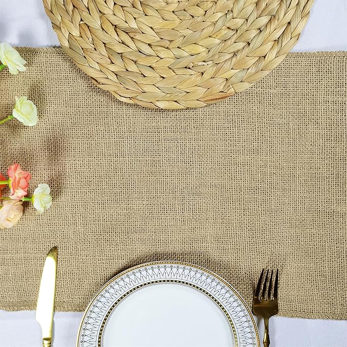 12 Pack 12 x 36 Inch Natural Burlap Table Runners,Rustic Jute Table Runner and Placemats Bulk for Western Wedding Table Decorations,Farmhouse Style Party,Holiday,Kitchen Table Decor