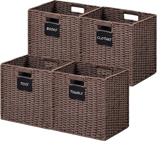 UBBCARE 4 Pack Wicker Basket, 13×13 Storage Cubes with Label, Foldable Cube Storage Bin with Handle, Square Storage Basket for Shelves, Woven Paper Rope Basket for Organizing, Brown
